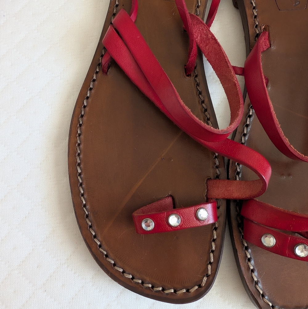 Spaziomoda Red Leather Lace-Up Strappy Gladiator Sandal, diamond studs, size 7.5 - Picture 9 of 15